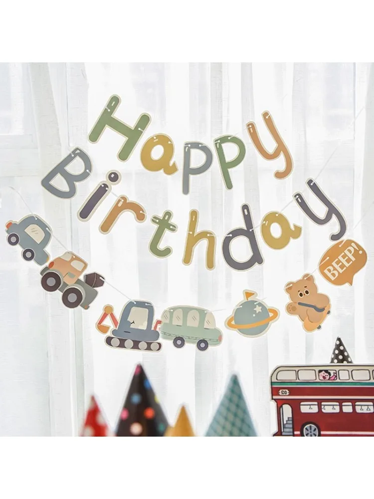 Voiture d'ingénierie de la circulation en papier, bannières de fête d'anniversaire pour enfants, arrière-plan de joyeux anniversaire, aménagement de scène murale, fourniture d'accessoires Photo
