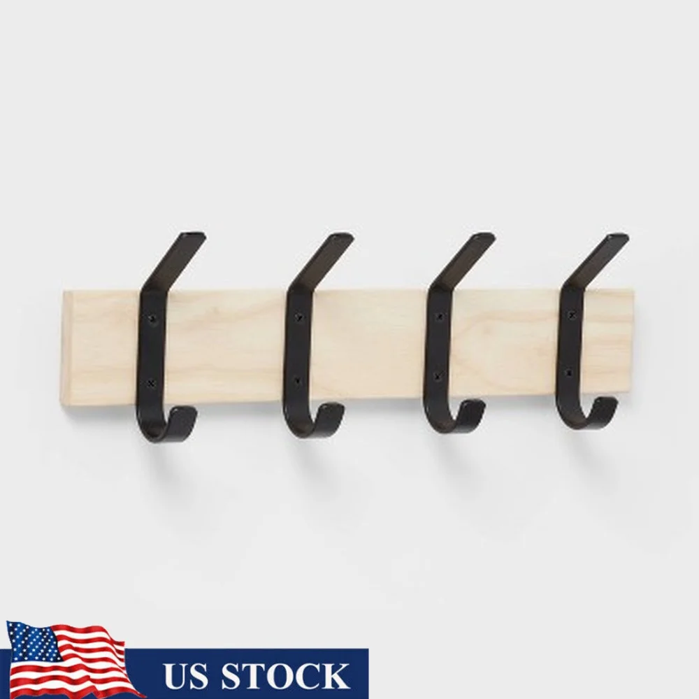 

Настенная декоративная вешалка с 4 крючками из смешанного материала, железа и каучукового дерева, шляпы, полотенца, одежда, простая установка