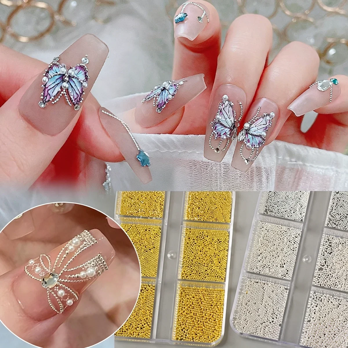 6 Grids Mini Caviar Beads Nail Art Decorations Metal Gold/Silver Micro Ball Nail Charms 0.5~1mm Ball Nail Jewelry