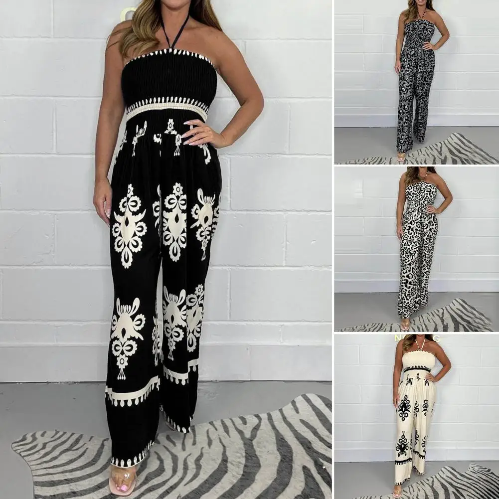 Women Jumpsuits Leopard Print Pleated Jumpsuit Retro Style Plus Size Vacation Ready Retro Print Jumpsuit