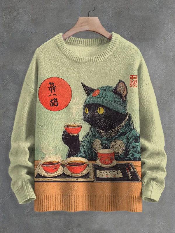 

Men's Black Cat Tasting Tea Japanese Tea Ceremony Art Print Knit Sweatshirt Women For Men Sweater