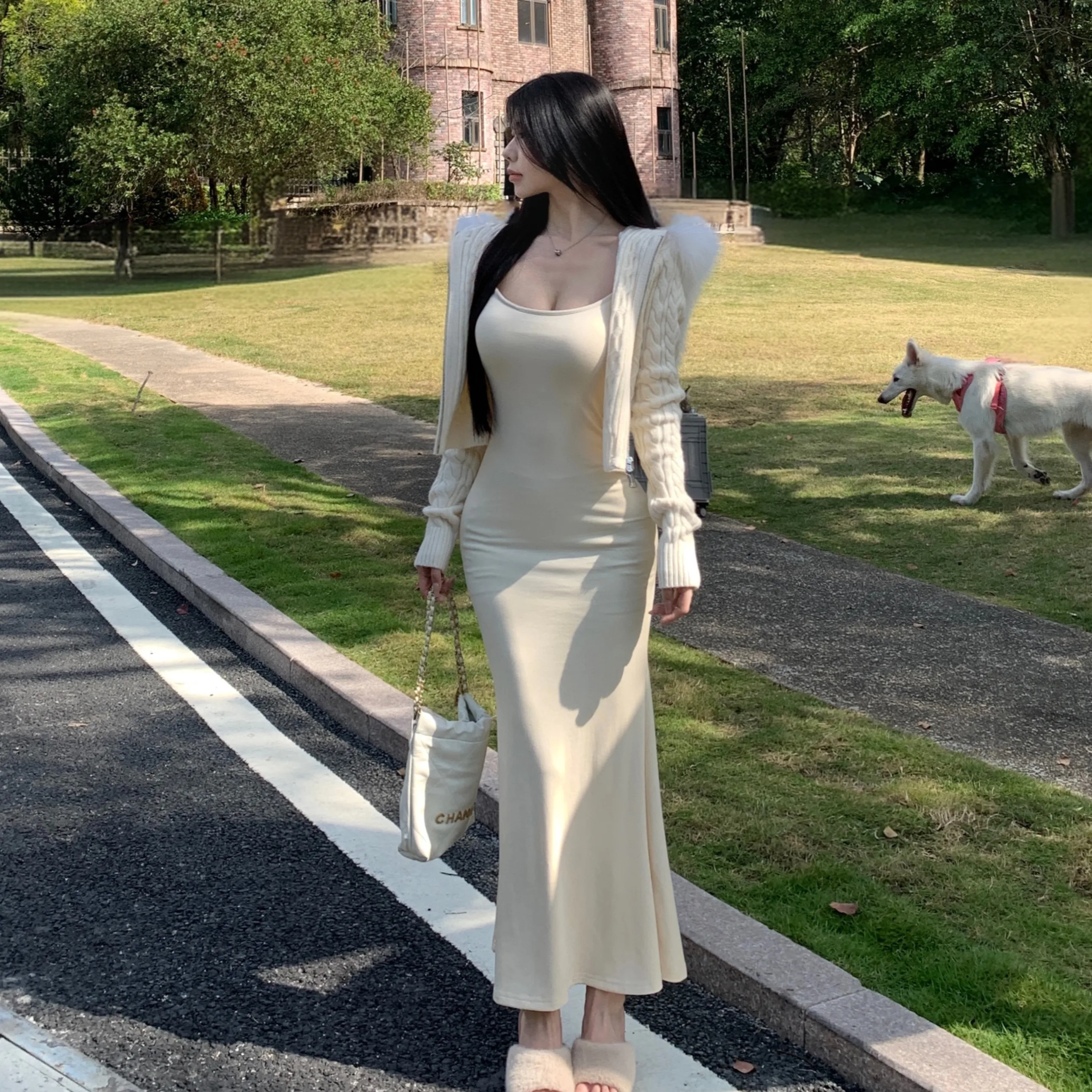 

Trendy Women's Autumn Winter Hooded Long Sleeve Sweater Coat Dress Set Fashionable Slim Fit Zipper Collarless Dress Ensemble