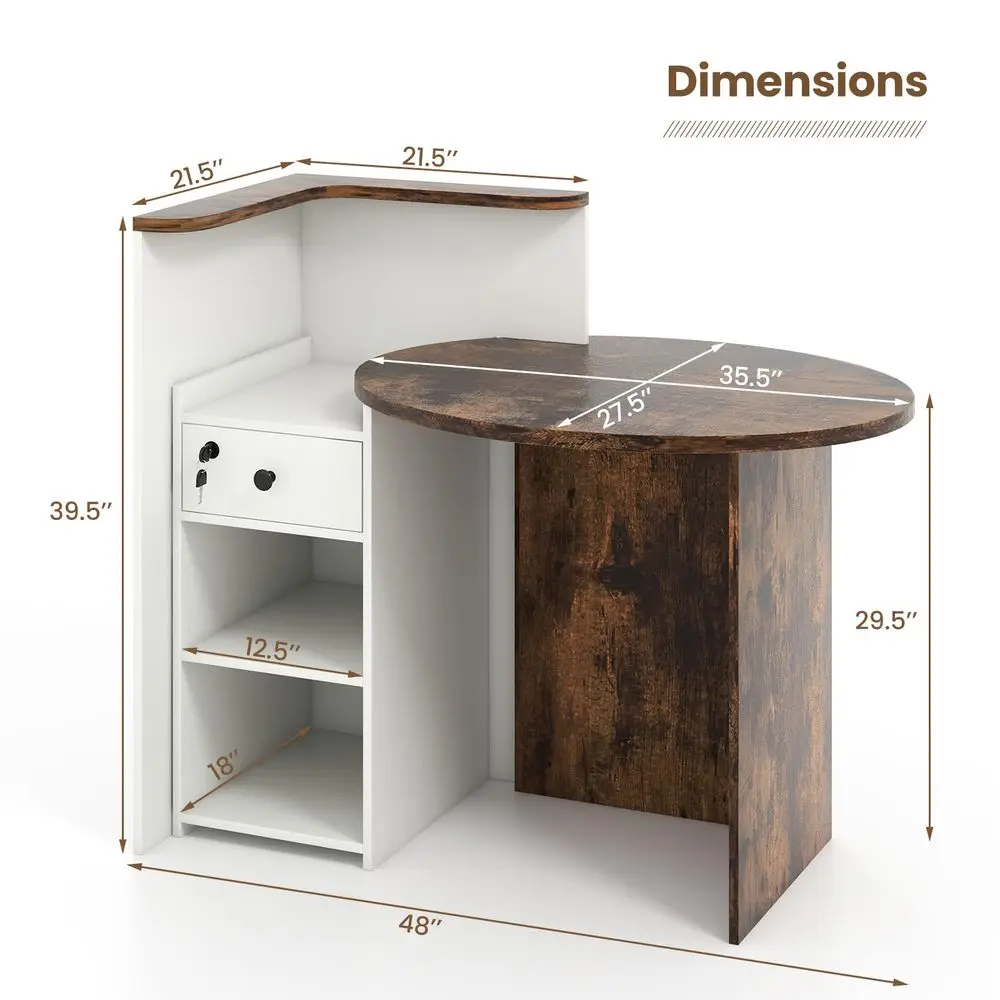 

Стойка ресепшн, стойка администратора с запирающимся ящиком, кассовый стол с круглой столешницей, угловая полка и регулируемая полка