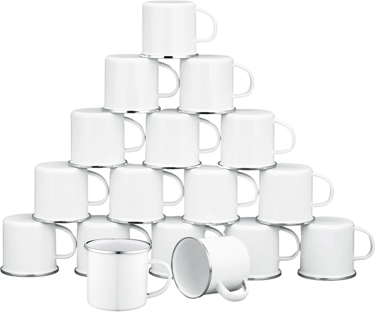 

10 Pcs Heat Sublimation Blank White Enamel Mug 11oz Silver Rim Camping Travel Coffee Cup Metal Mug