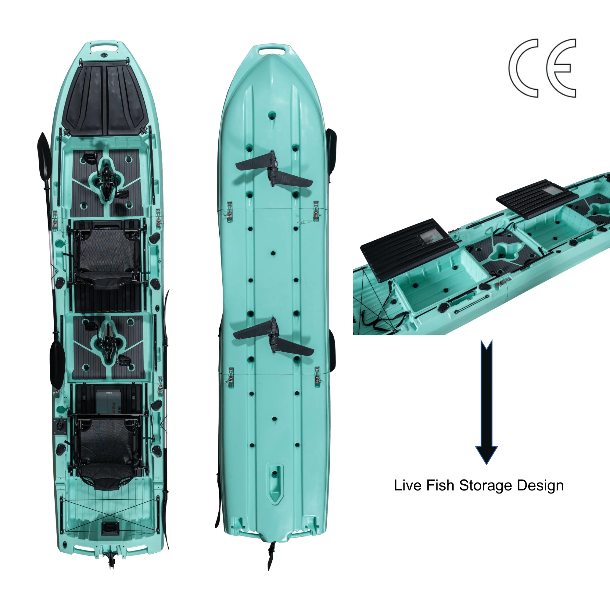 14ft Outdoors New 3-Section Tandem Modular Pedal Foldable Kayak Hull Design HDPE For Water Crafts 3-Person Capacity Boat Fishing