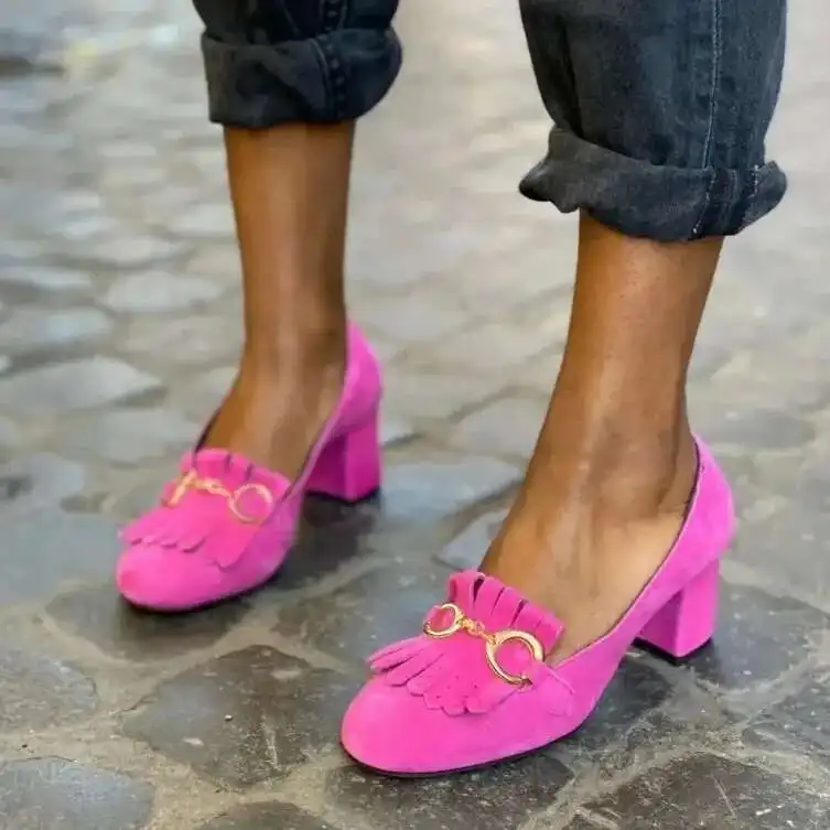 Women Pumps Fringed Metal Buckle Round Toe Matte Chunky Heels Single Shoe For Women