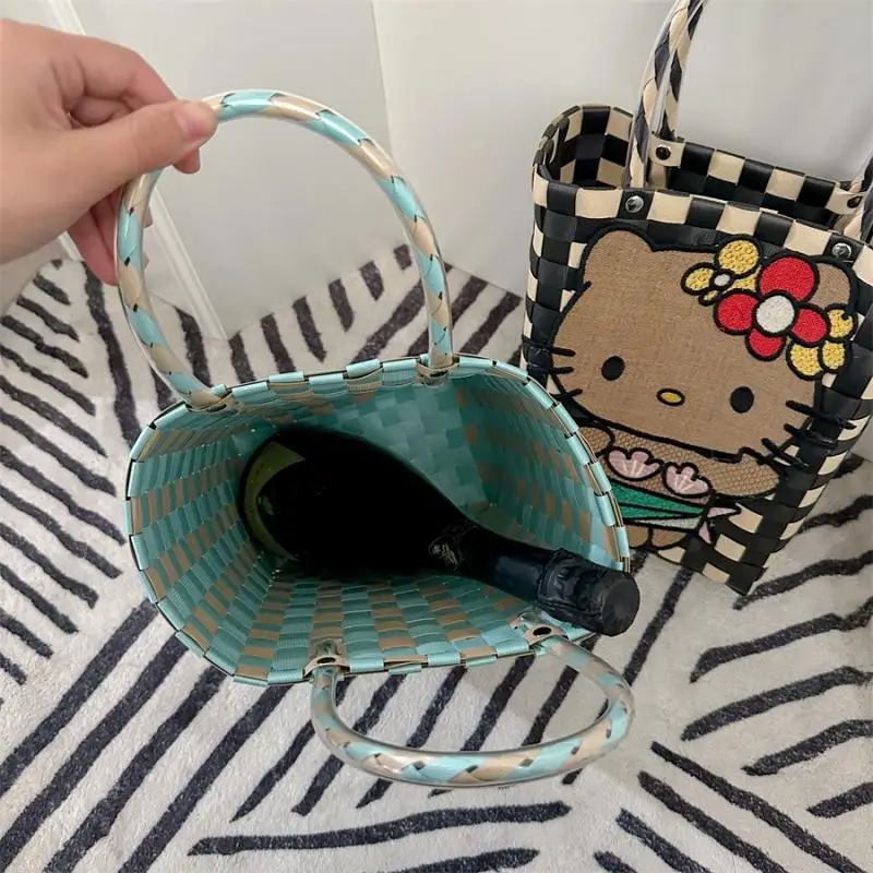 Kawaii Sanrio Hello Kitty Portable Handbag Bucket Bag Weaving Baskets Leisure Travel Bag Miscellaneous Storage Bag Gift For Girl