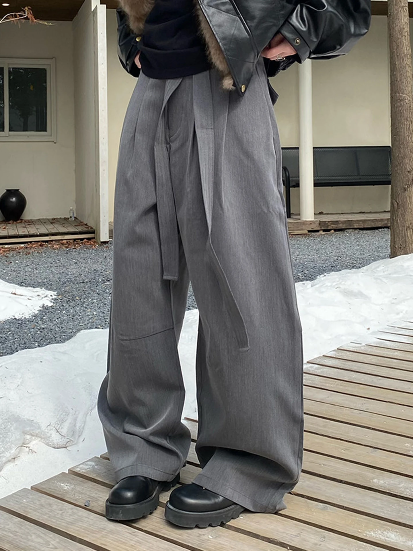 

ey Waist Belt Casual Pants Men Women Loose Wide Leg Knife ape Drape Pleat Leisure Trousers High Waist Spring Summer