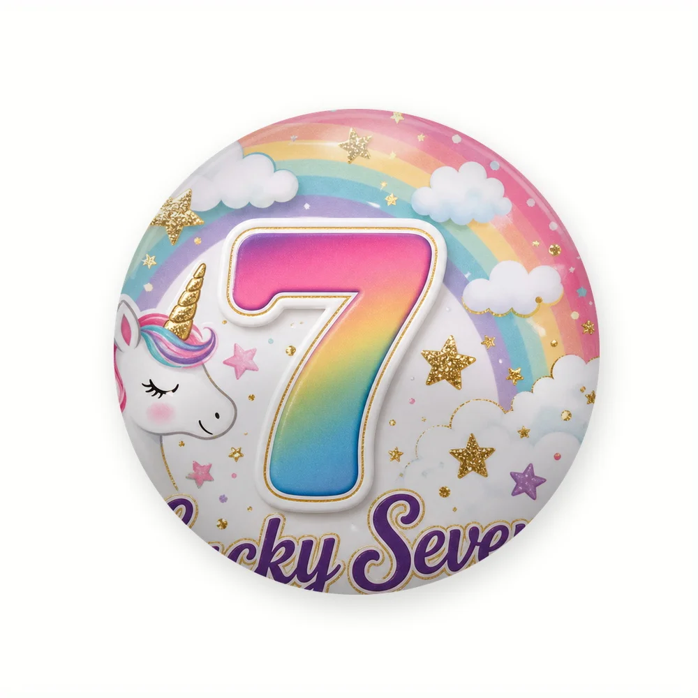 1pc, 2D Flat Rainbow Lucky Seven Number Brooch Pin, Chic decorative piece, Round plastic button design, A simple way to brighten