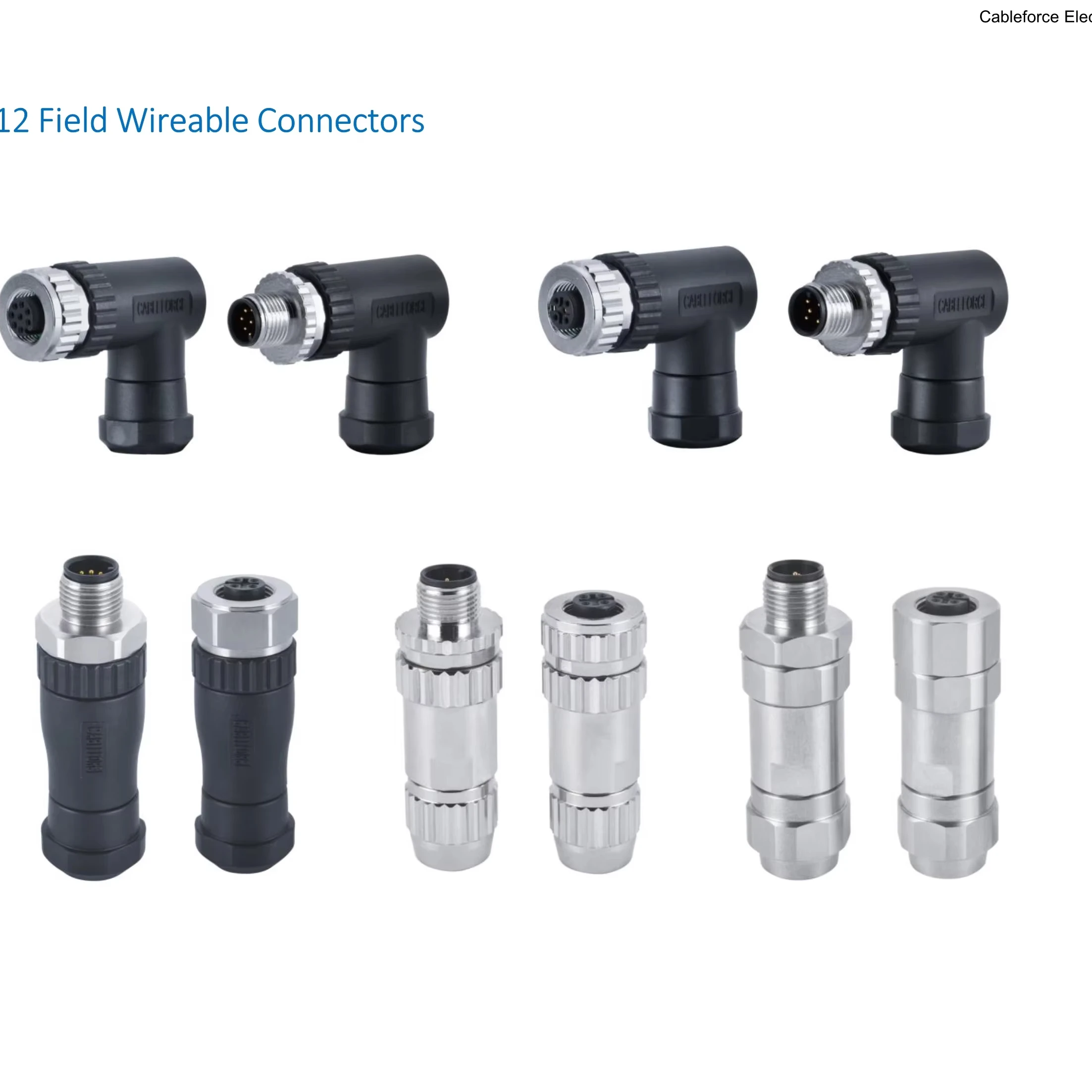 M12 3/4/5/8/12 Pin Field Wireable Male/Female Plug Plastic Shell Right Angle Cable Connector Circular IP67 Waterproof Connector