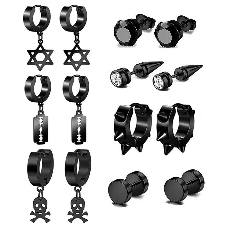 6-20pcs/set  Black Punk Stainless Steel Women Men Hoop Earrings Small Trendy Round Cross Pendants Jewelry  Hip Hop Ear Stud