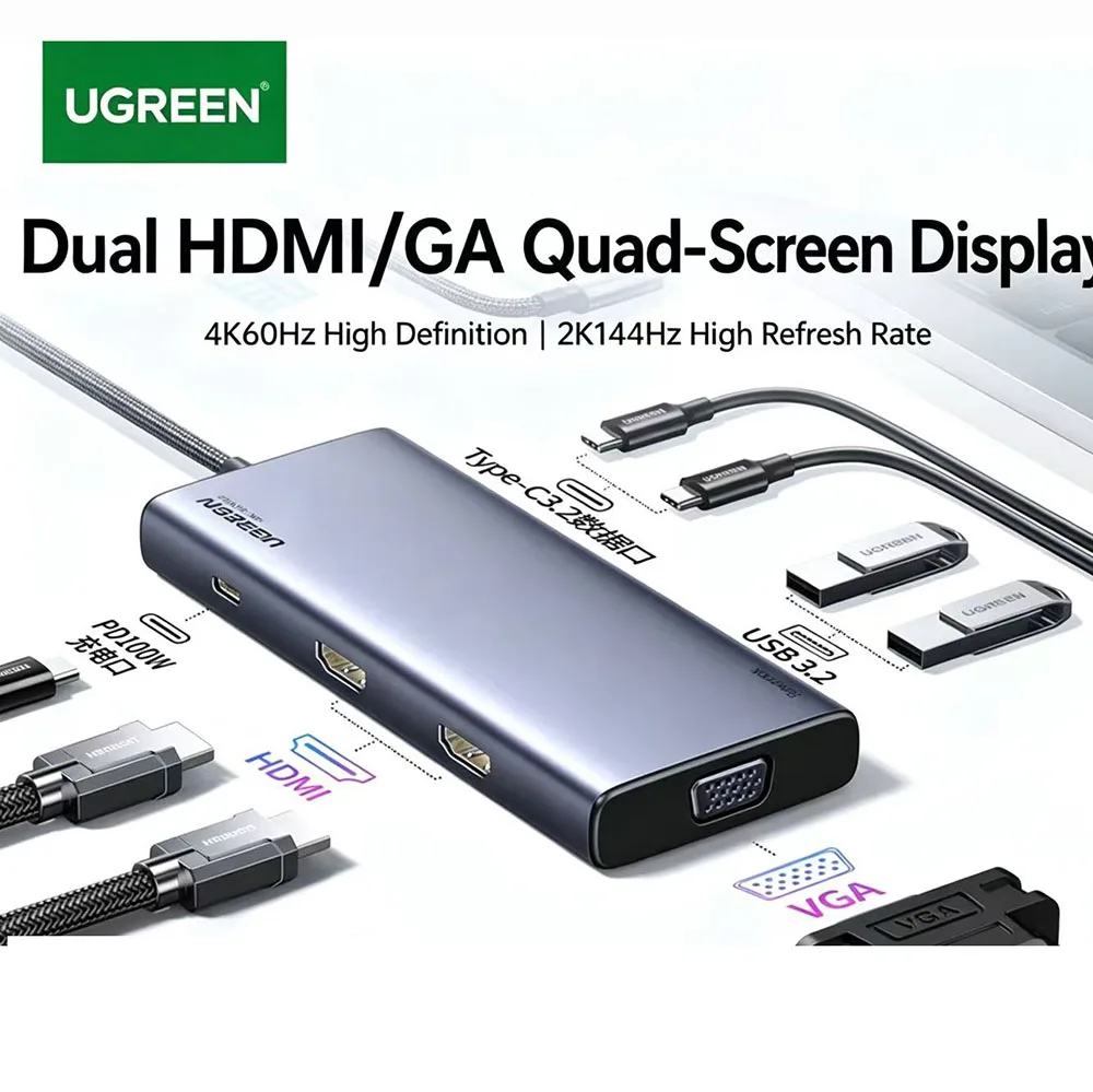 UGREEN Type C 3.2 8 in 1 4K Docking Station Dual Monitor, Triple Display USB C Hub with 2HDMI 2 USB A&C 3.2 Ports, 100W PD