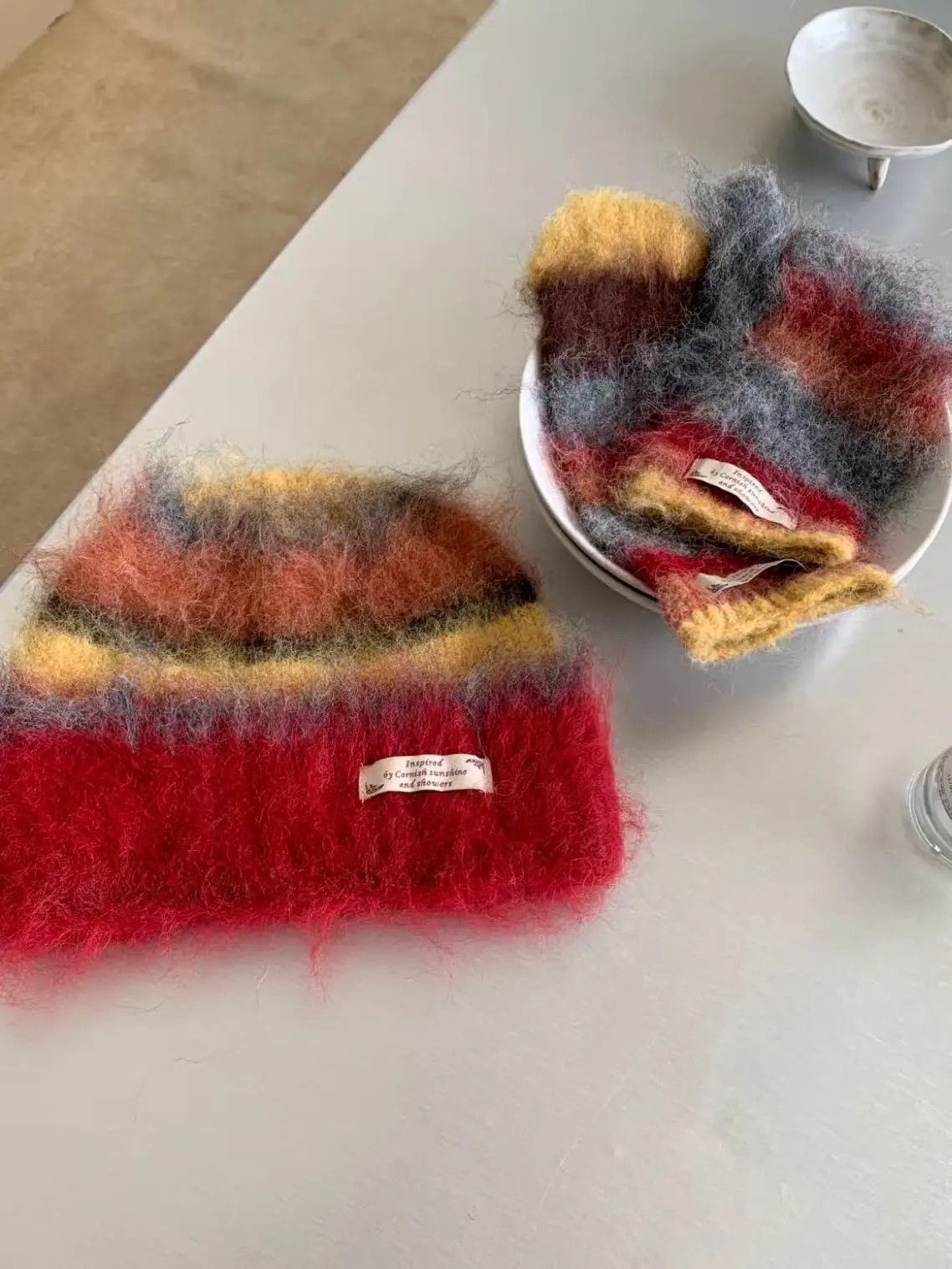 Gestreiftes Regenbogen-Mützen, Hut, Handschuhe, zweiteiliges Set für Damen und Herren, Winter, warme Skullis-Hüte, Unisex, kältebeständige Outdoor-Handschuhe, Kappen-Set – Detail 10