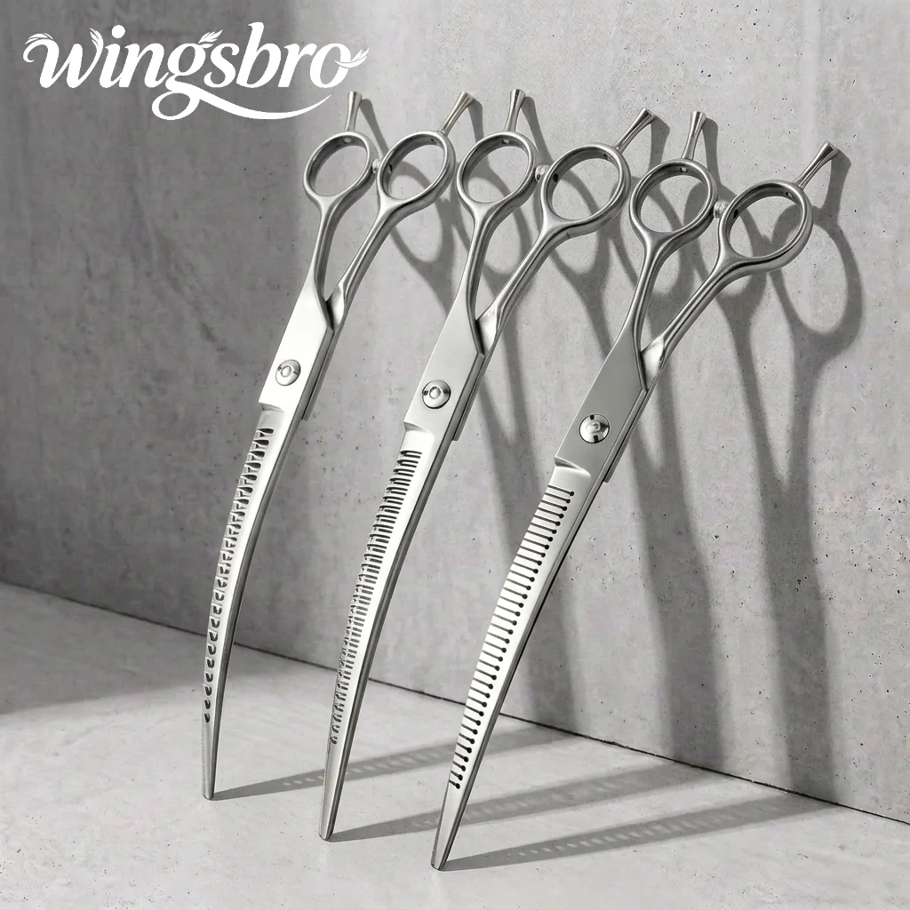 8 inch dog curved grooming scissors,wingsbro pet curved thinning scissors, dog curved shark scissors