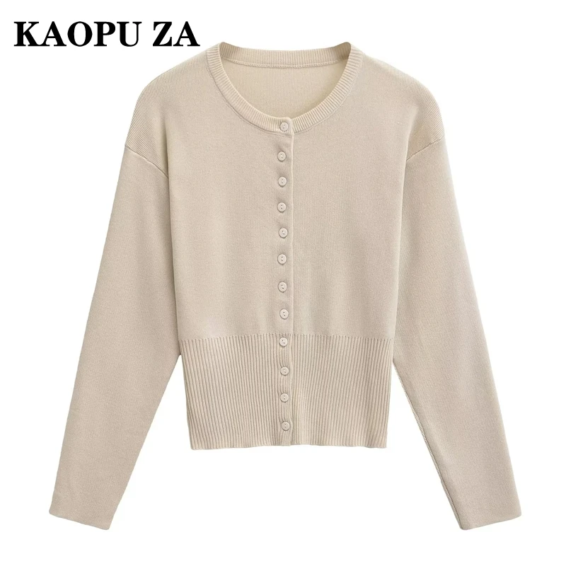 KAOPU ZA Women's 2024 Fall Round Neck Long Sleeve Sweater Button Waist White Plain Knit Outerwear