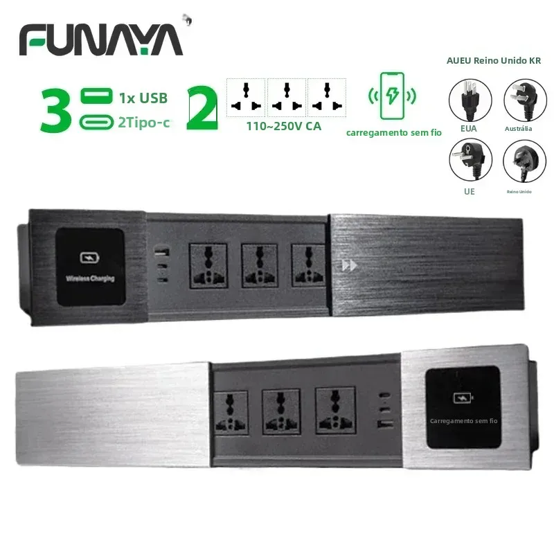 ユニバーサル内蔵テーブルソケットスライドカバー、usb-type-c内蔵デスクトップ電気ソケット、eu-uk-au-usプラグ、ワイヤレス充電器付き