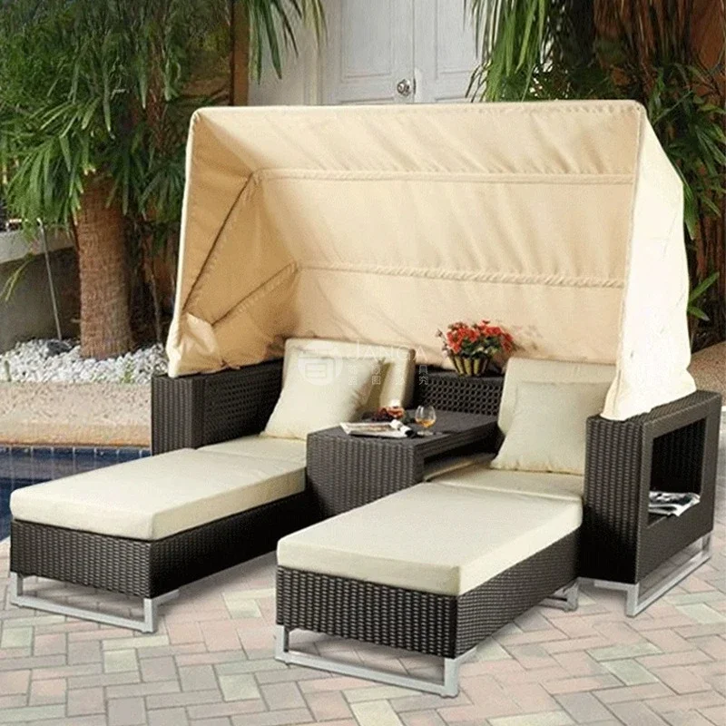 Outdoor villa swimming pool rattan sofa lying on the bed courtyard balcony leisure rattan chair coffee table combination
