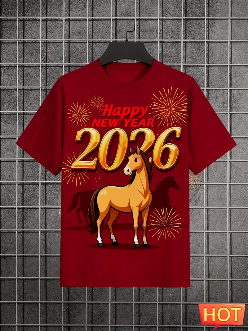 

2026 Happy New Year Letters Horse Pattern T Shirts Fashion Trendy Men Women 3D Printed T-shirts Loose Streetwear Crew Neck Tees