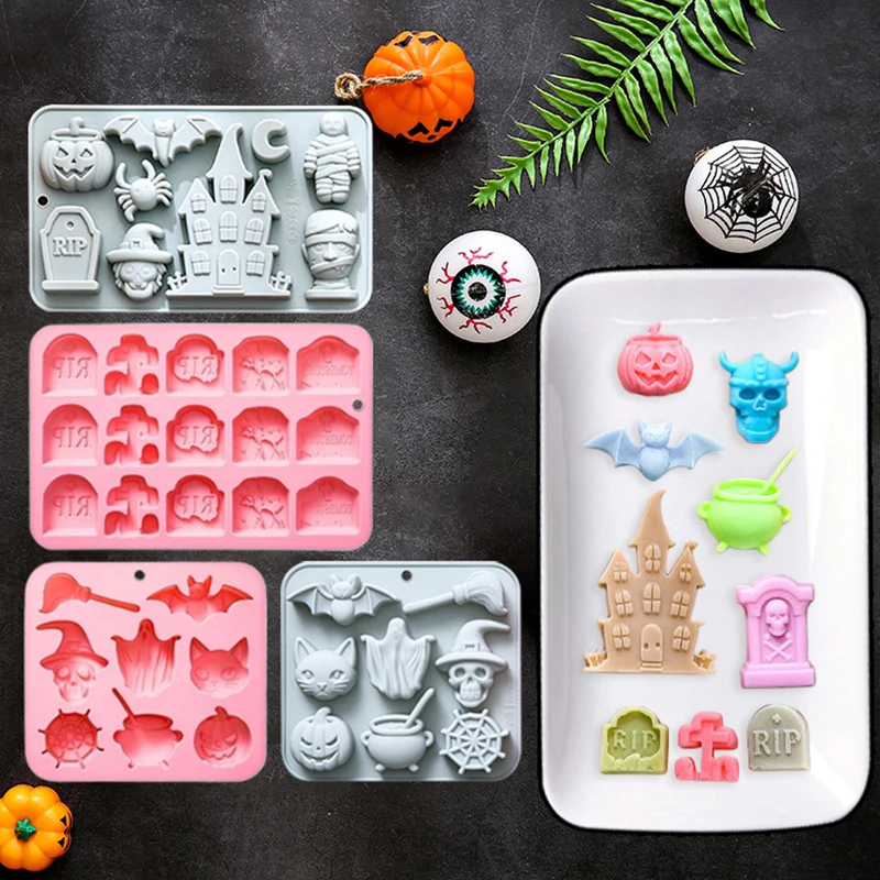 Halloween Silicone Mold Ghosts Pumpkins Bats Haunted Houses Tombstones Designs Baking Mold Chocolate Cakes Soaps Cookies Mold