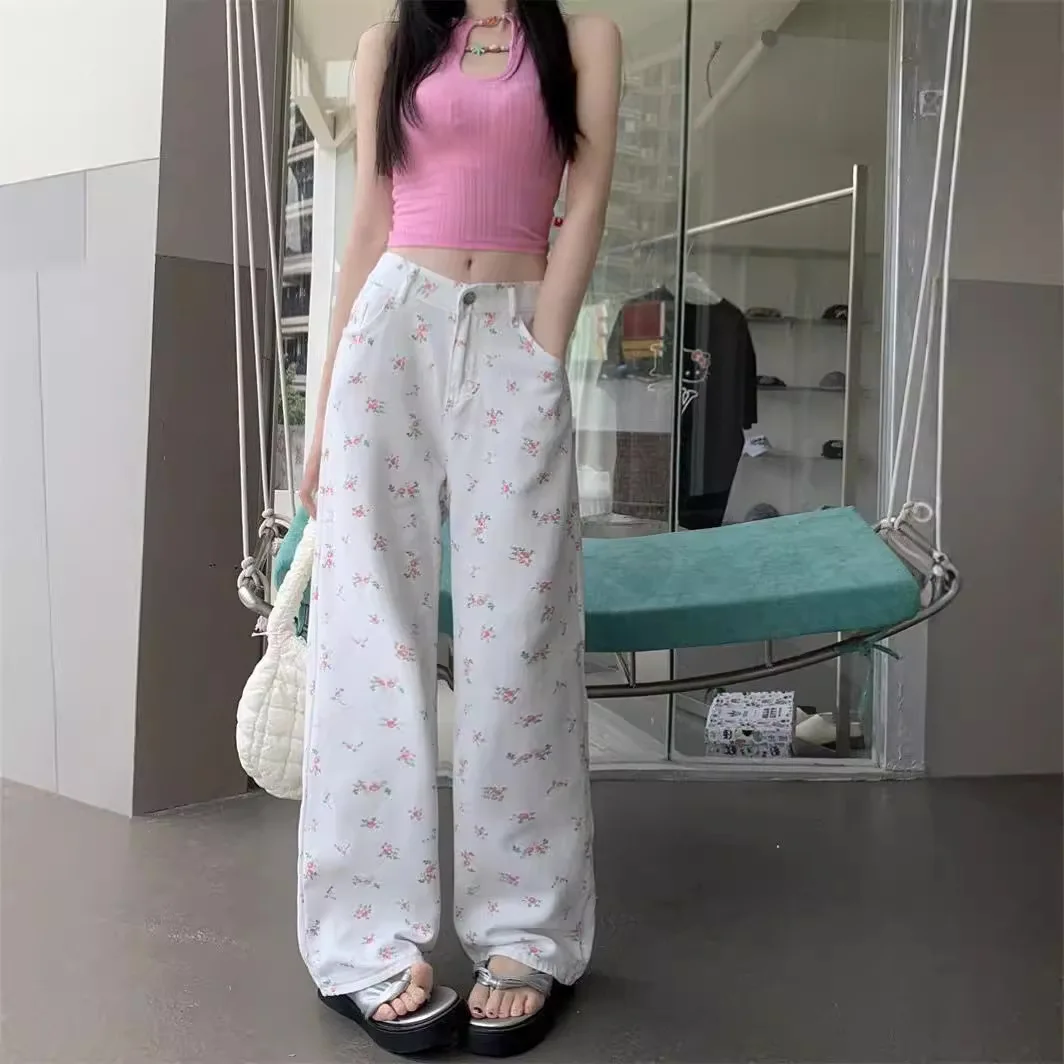 

Casual Loose Women's Jeans Graffiti Streetwear Summer Long Trousers Draping Hip Hop Style Versatile Loose Fit Straight Leg Pants