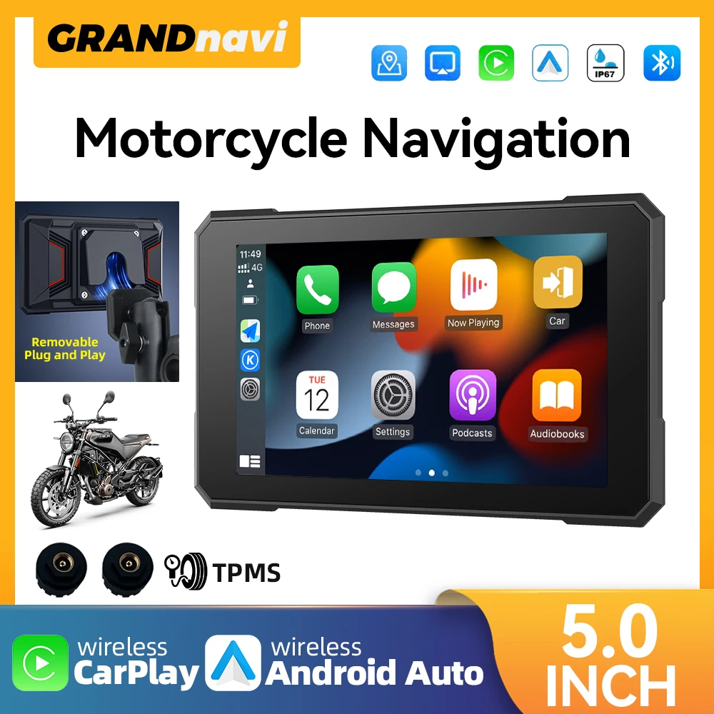 

5inch Motorcycle Navigation Wireless CarPlay Android Auto IP67 Quick disassembly bracket Support Tire Pressur Monitor Portable