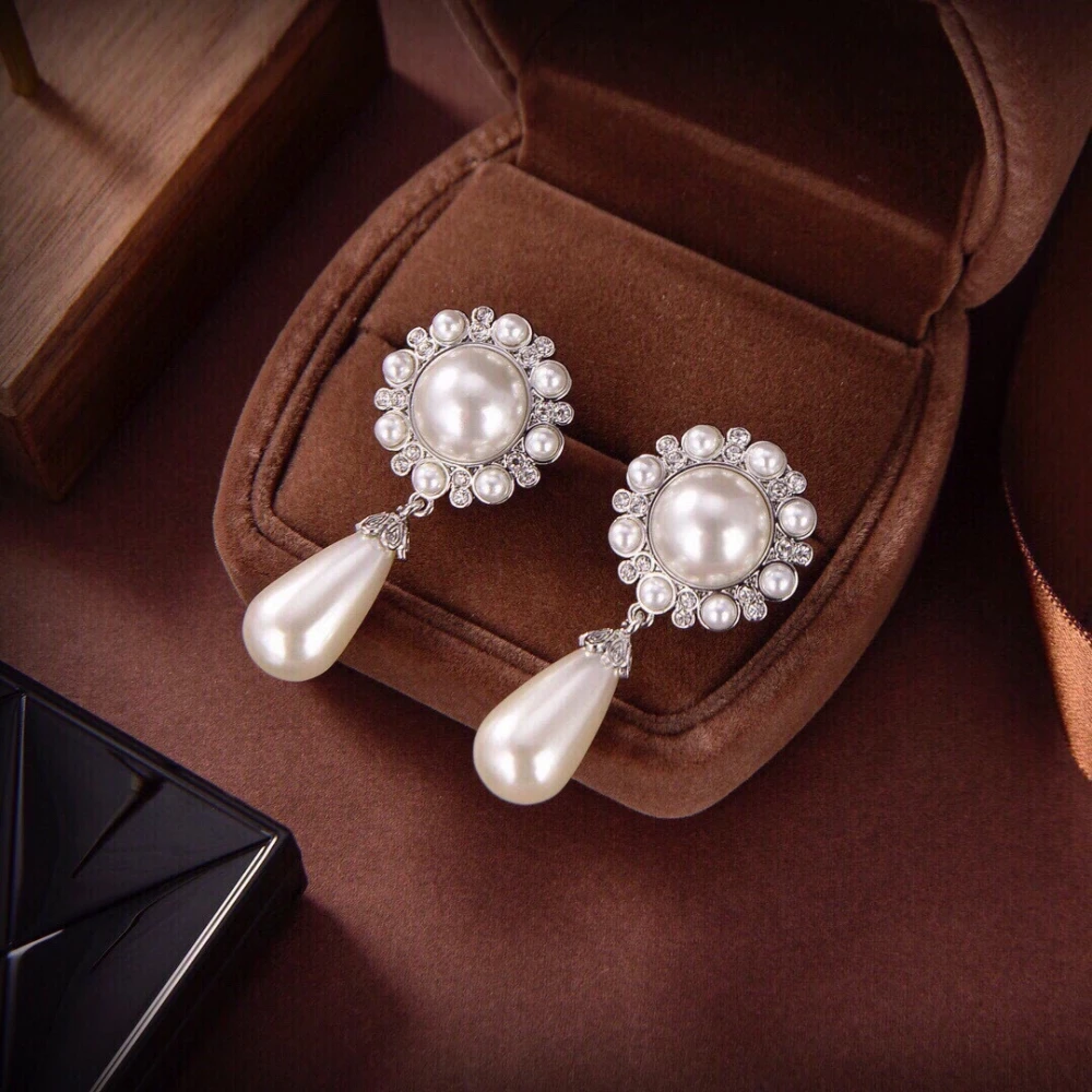 2023 Best-Selling Zircon Sun Flower Pearl Earrings Pearl Water Drop Long Trim Face Shape