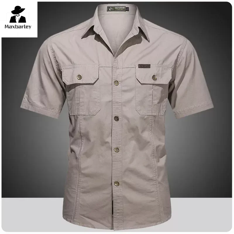 Men\'s Streetwear Casual Button Down unload Cargo Shirt Short Sleeve Cotton Dress Shirts For Hiking Fishing Golf Polos Shirts