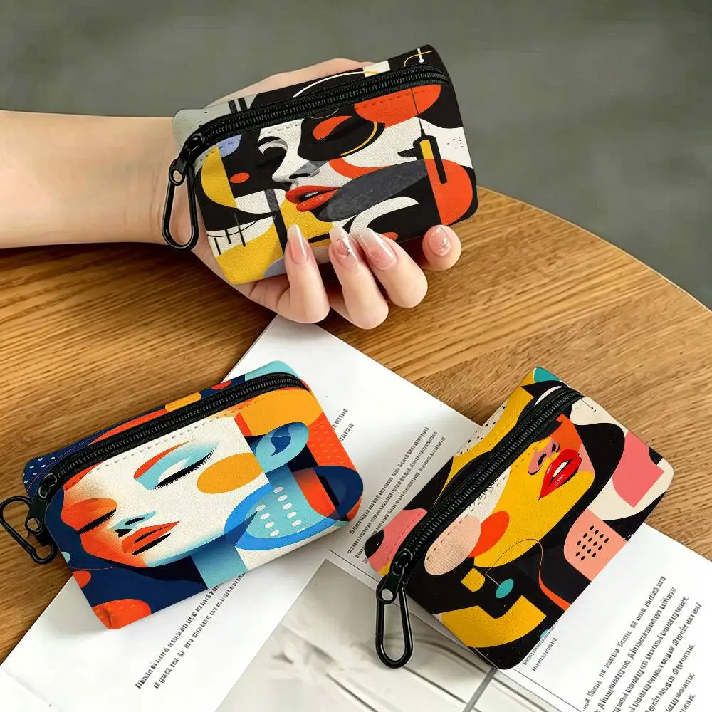 Vintage Abstract Female Portrait Portable Mini Oxford Cloth Coin Purse With Carabiner Hook Zipper Key Card Earphone Storage