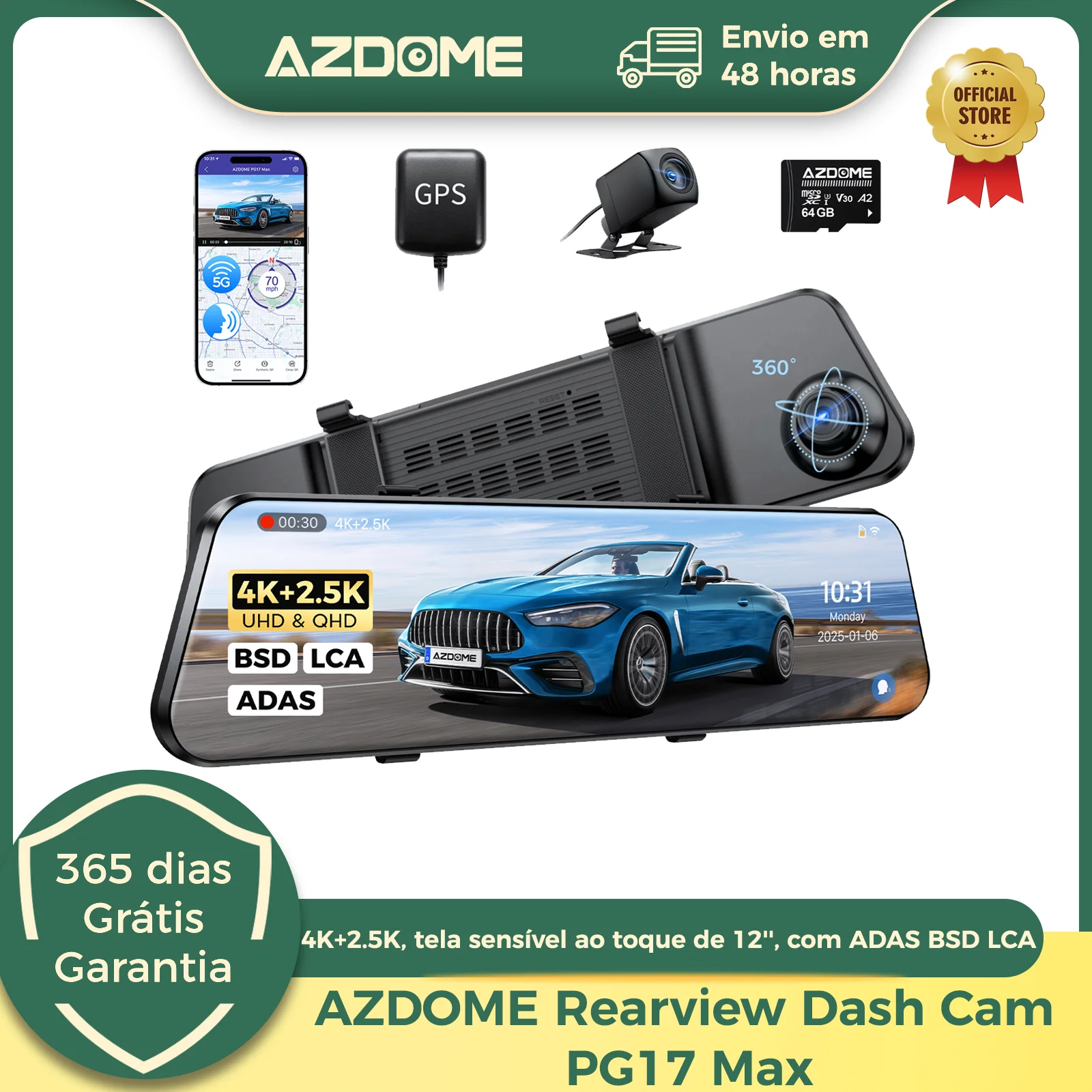 Azdome 4k + 2.5k retrovisor traço cam pg17 max 12 ''tela de toque espelho traço cam com adas bsd lca carro dvr gravação loop 24h estacionamento