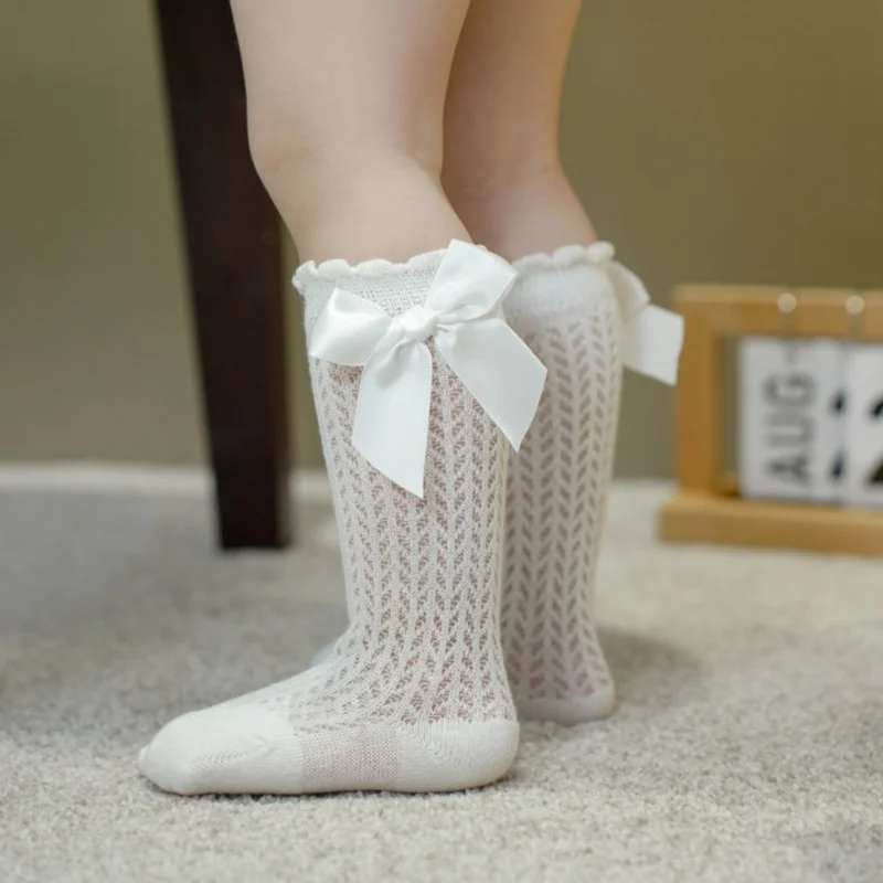 0-2Y Baby Girl Knee High Socks Summer Toddler Bow Cotton Mesh Lace Stockings Newborn Infant Baby Princess Long Socks Korean New
