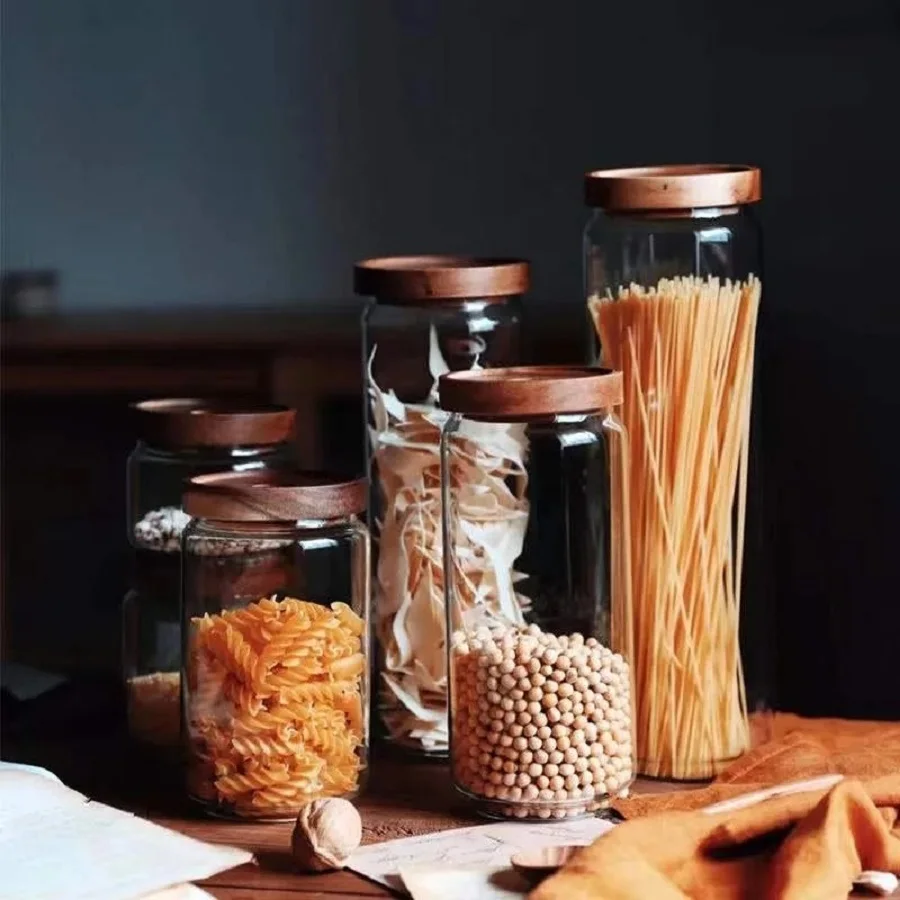 1 PC Acacia wood lid glass jar sealed kitchen jar kitchen storage bottle jar sealed food container tea, coffee beans, grains,