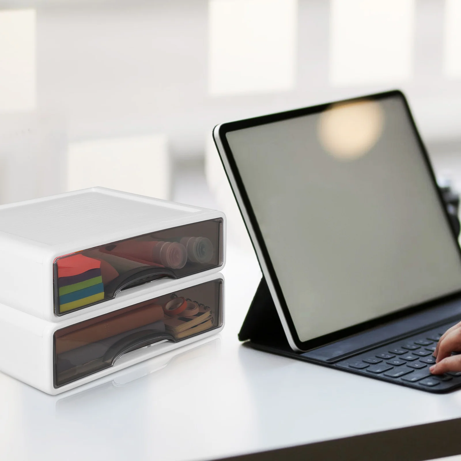 

2Pcs Desktop Storage Organizer Box Stackable Large Capacity Drawer Case Makeup Office Supply Holder Desktop Drawer Box