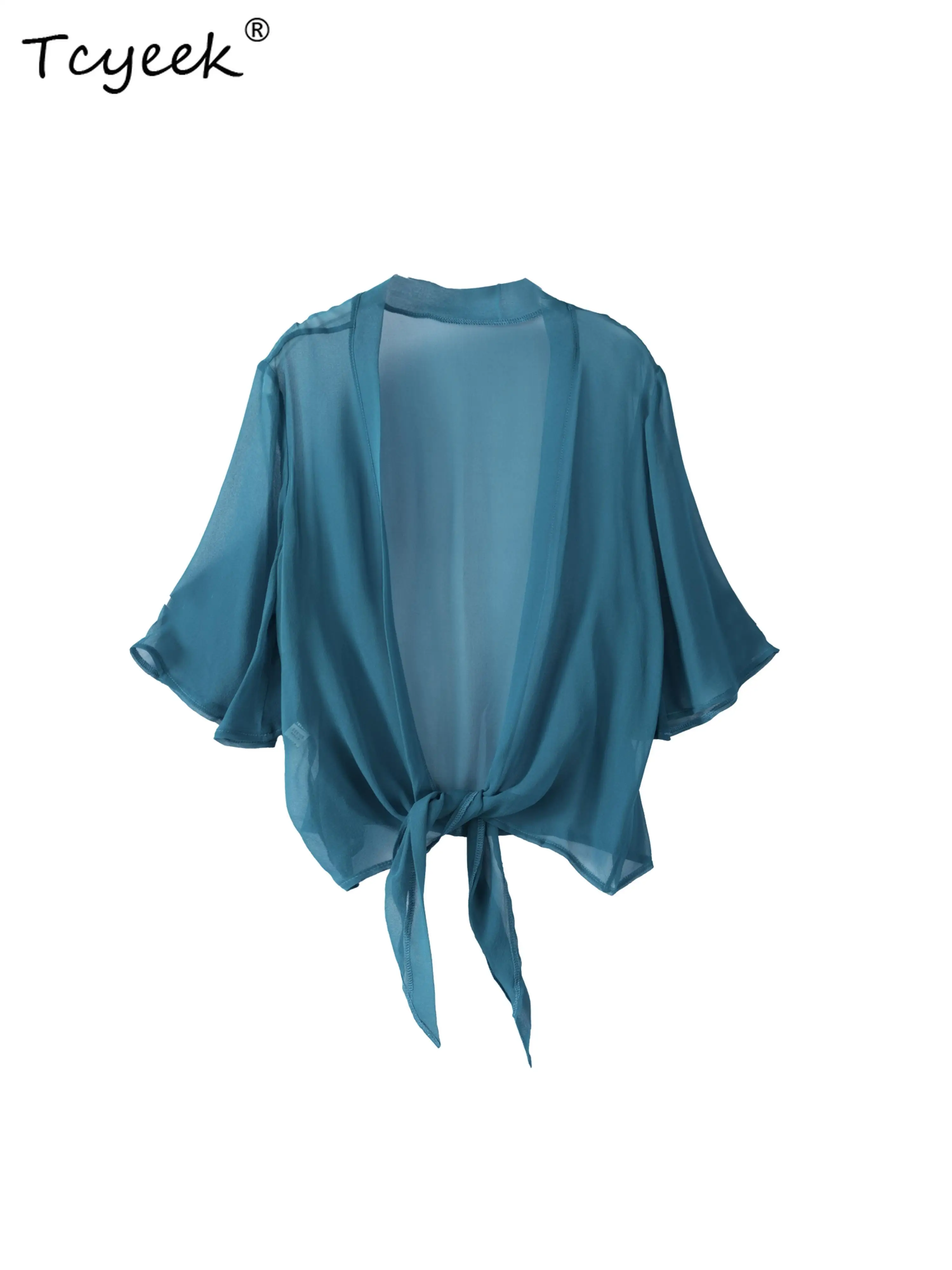 Tcyeek 100% Mulberry Silk Summer Short Sleeve Tank Top Exterior V-neck Solid Color Lace Up for Sun Protection Cardigan 여름가디건