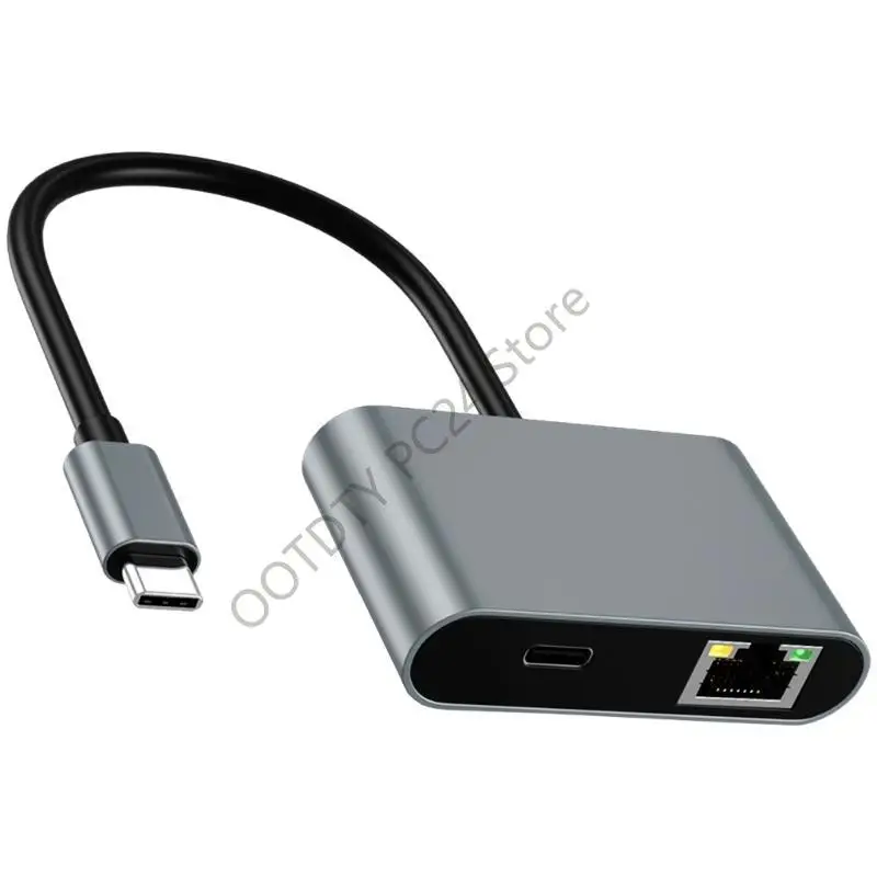 

H7BA Тип C в Ethernet Adapter Converter PD60W Быстрая зарядка с 2 USB -портом для быстрого доступа к сети и зарядки устройств