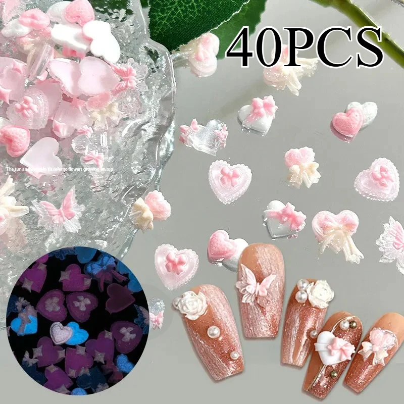 Zawieszki do paznokci z żywicy 3D Luminous Series, podwójne motyle, brzoskwiniowe serca, słodki styl, akcesoria do zdobienia paznokci DIY, materiały do projektowania paznokci.