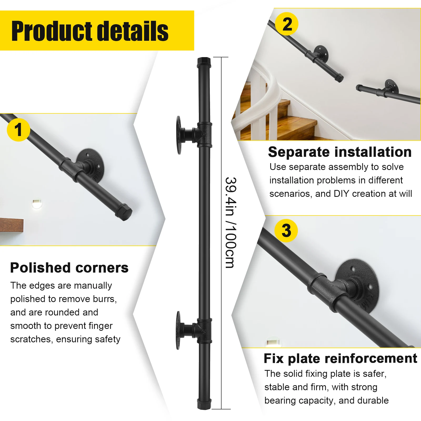 درابزين درج الأنابيب الآمنة درابزين الدرج من الفولاذ الكربوني لسلالم التثبيت على الحائط في الداخل والخارج درابزين الدرج الأسود #5