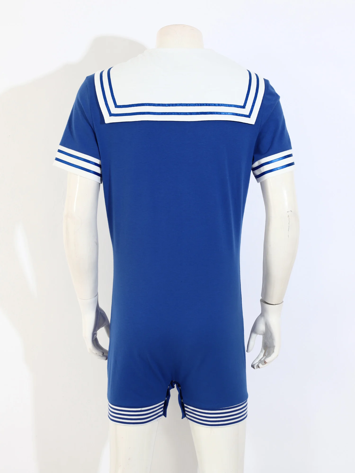 

Men Sailor Style Print Bodysuit Halloween Carnival Party Costume Navy Collar Short Sleeve Press Buttons Crotch Romper Jumpsuit
