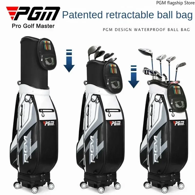 PGM Golf Bag Men's Aviation Checked Ball Bag Four-wheel Flat Push Telescopic Bag Waterproof Microfiber Leather QB099