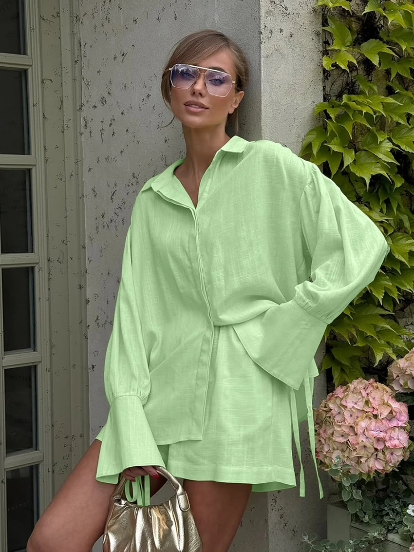 

Marthaqiqi Casual Female Pajamas 2 Piece Set Long Sleeve Sleepwear Turn-Down Collar Nightgowns Shorts Loose Women Nightwear Suit