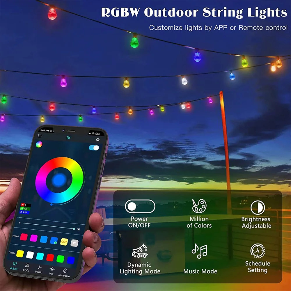 15M 15/25Leds Outdoor String Lights Patio Lights APP and Remote Control RGB Edison Bulbs Garlands for Backyard Party Xmas Decor