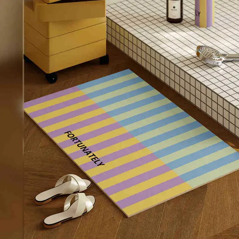 Pastel Rainbow Stripe Diatomite Bath Mat Super Absorbent Quick-Dry Non-slip for Bathroom Floor Kitchen Countertop & Balcony
