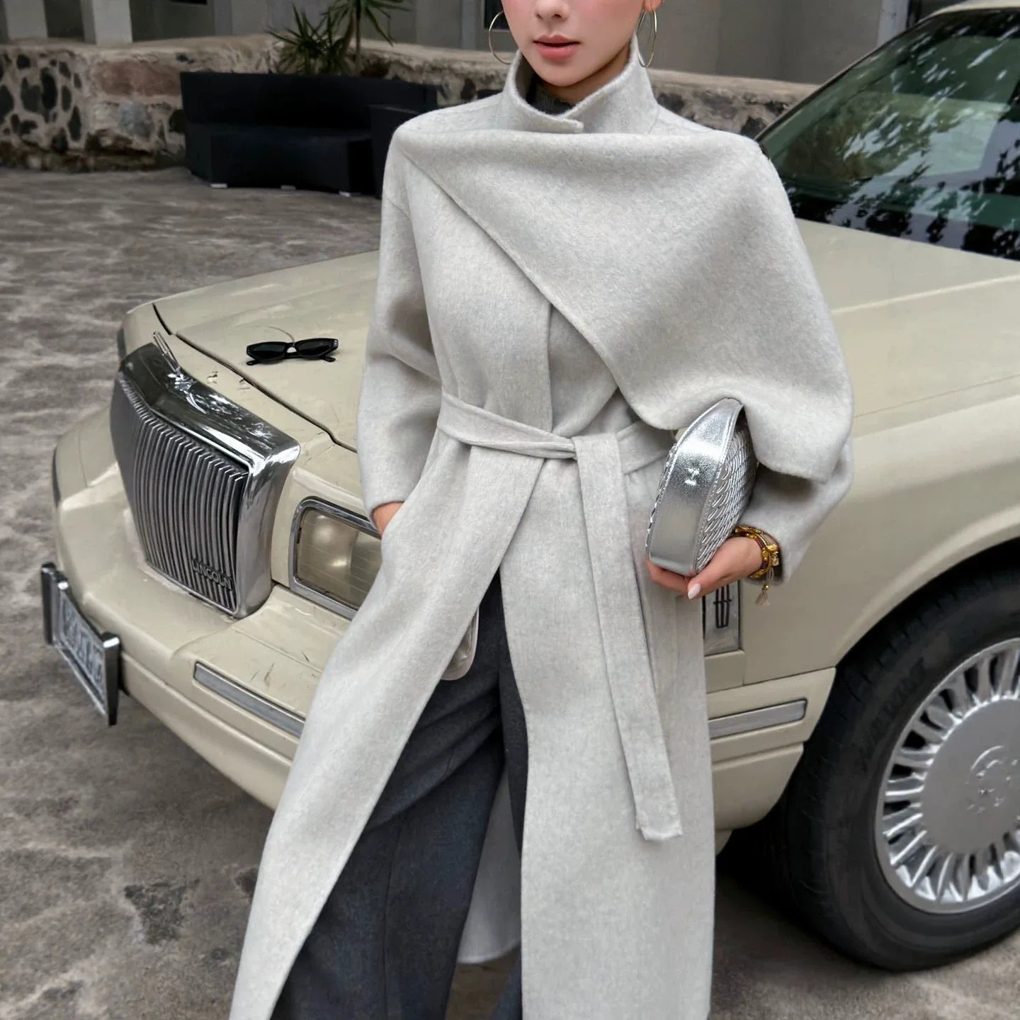 Scarf Collar Belted Double Face Wool Coat Women Long Elegant Relaxed Fit Fine Wool Outerwear Chic Korean Style For Daily Wear