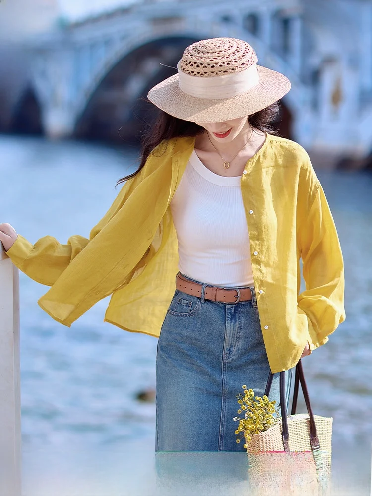 

Red Yellow Linen Shirt Women's Long Sleeve Loose Casual Spring Fashion Outerwear Elegant Top Comfortable Breathable round Neck