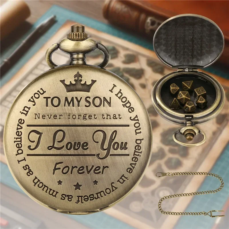 7Pcs/set Metal Polyhedral Dice Role Play Entertainment Dices with To My Son Design Pocket Watch Case Pendant Chain