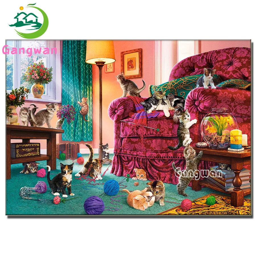 Naughty cat play Wool 5D Diamond Painting Full Square Drill Rhinestone Diamond Embroidery Kids Cross Stitch Mosaic Home Decor