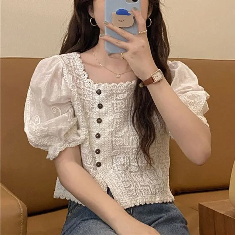 French Style Lace Square Collar Shirts Summer New Puff Sleeve Elegant Women's Clothing Vintage Solid Color Fashion Button Blouse