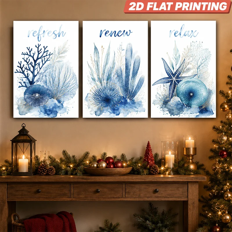 2D Flat, 2D Flat 3pcsUnframed Canvas Painting Wall Art with Marine Plants Sea Creatures Refresh Renew Relax Gift, 2D Flat