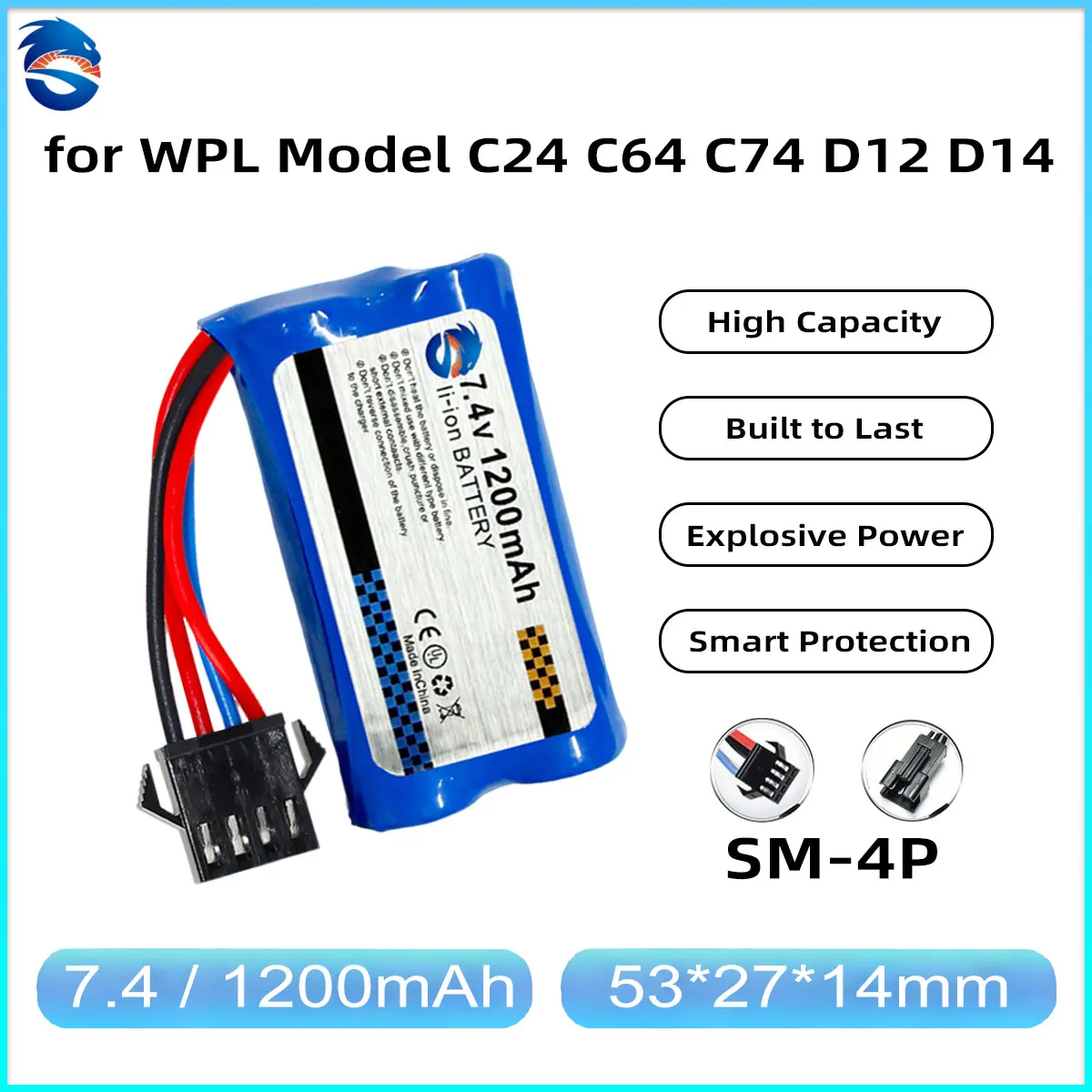 Skymaker 2S Li-Ion Battery 7.4V 1200mAh 10C SM4P Plug Rechargeable for WPL Model C24-1 C34 C54 C64 C74 D12 RC Car Upgrade Parts