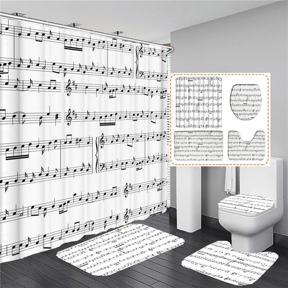 Musical Note Printed Shower Curtain Waterproof Polyester Bathroom Curtains Set Toilet Lid Cover Non-slip Mat Carpet Home Decor