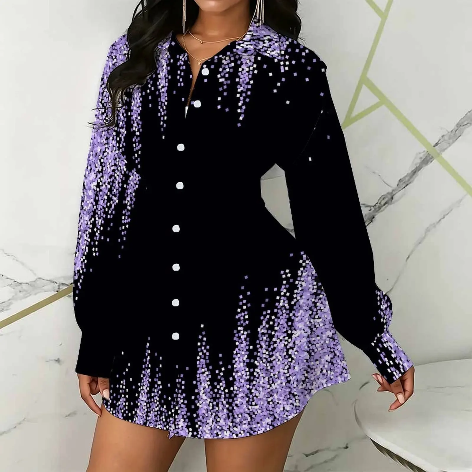Plus Size Autumn Blouse Commuter Top Winter Women's Printed Button Shirt Fashion Waist Cinching Long Sleeved Daily Elegant Wear
